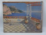 tableau représentant une terrasse avec une table et des chaises donnant sur l'océan