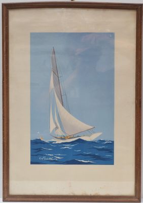 painting of a sailboat in the ocean with a blue sky in the background