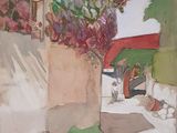 a watercolor painting of a house on the street