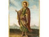 un tableau représentant Jésus debout dans un champ, avec le ciel en arrière-plan