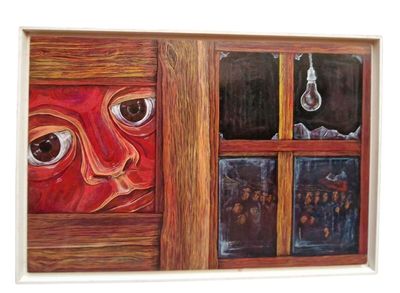 a picture of a painting of a child looking out of a window