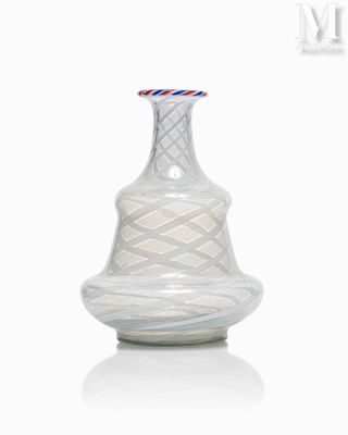 a glass vase with a red, white, and blue stripe on the top