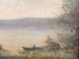 an oil painting of a man in a boat on a lake