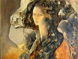 an oil painting of a woman with a hat on her head