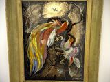 an image of a painting of a bird with a sun in the background