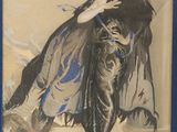 tableau représentant une femme en robe noire avec un chat en laisse
