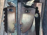 une image d'une peinture représentant une femme avec un oiseau sur la tête