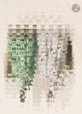 un dessin représentant un bâtiment d'où pendent de nombreuses plantes
