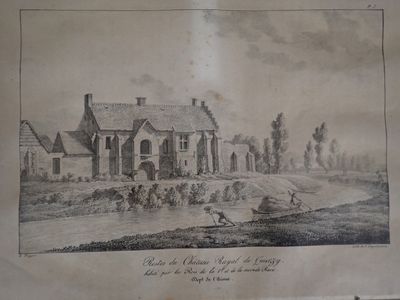 un vieux dessin représentant une maison devant laquelle se trouve un cheval