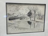 une photo représentant un dessin d'un paysage enneigé, dans un cadre