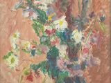 a painting of flowers in a blue vase on a table