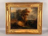 un tableau représentant un paysage avec une rivière et des arbres, dans un cadre doré