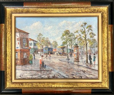 une peinture à l'huile représentant une scène de rue avec des personnes marchant dans la rue