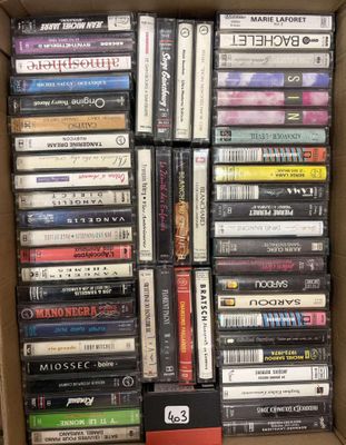 a lot of dvds in a box on the floor