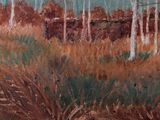 painting of a field with trees and a fence in the background