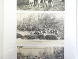 two black and white photos of a group of men and dogs