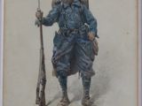painting of a man in uniform holding a rifle and a hat