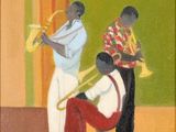 une peinture à l'huile représentant trois hommes jouant d'un instrument dans une pièce