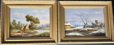 two paintings of a farm scene with a river and a house