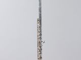 a silver flute on a clear stand against a gray background