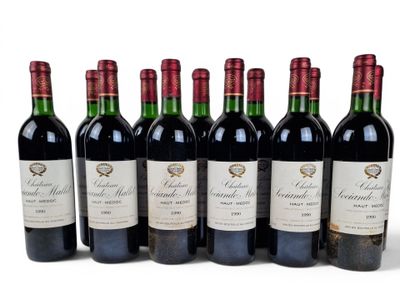 six bottles of red wine lined up in a row on a white surface