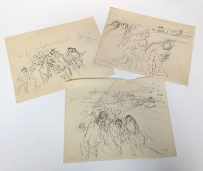 three drawings of people riding horses in a field