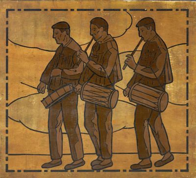 a picture of a painting of three men playing drums