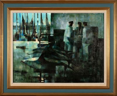 painting of a man sitting on a bench in front of a harbor