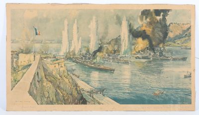 une vieille photo représentant un tableau d'un navire de guerre à l'eau