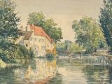 une aquarelle représentant une maison au bord de l'eau