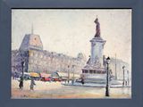 an oil painting of a street scene with a statue in the middle of the street