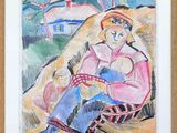an image of a painting of a woman sitting on a bench