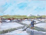 a painting of a woman with a shovel in the snow