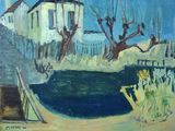une peinture représentant une peinture d'une maison au bord de l'eau