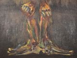 a painting of a bird that is sitting on the ground