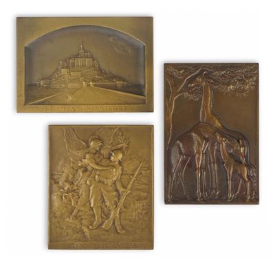 a set of four bronze plaques depicting animals and a castle