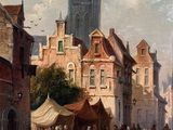 painting of a street scene with people and buildings in the background