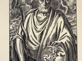 drawing of a man holding a skull in his hand and a skull in the other hand