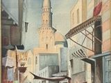 a painting of a street scene with a clock tower in the background