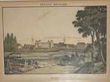 painting of a view of a town with a river and a church