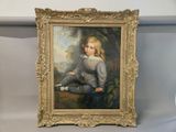 painting of a young boy sitting on a ledge in a gold frame