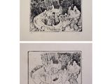 deux dessins en noir et blanc représentant des personnes dans un jardin