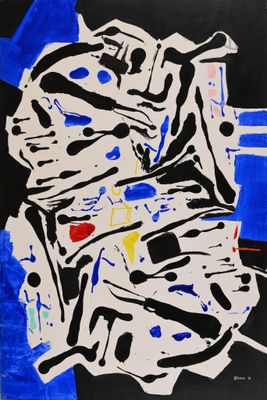 an image of a painting with blue, black, and white colors