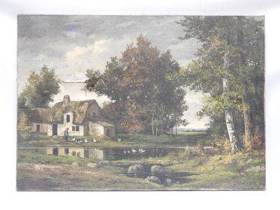 une image d'une peinture représentant une maison dans un champ