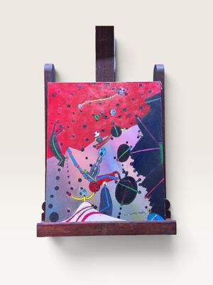 peinture abstraite représentant une femme avec un parapluie rouge sur fond rose