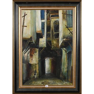 un tableau représentant un vieux bâtiment avec une porte au milieu