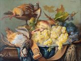 a painting of birds and grapes on a table