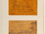 an old book with two drawings on it and a picture of a building