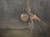 an oil painting of a skeleton in a dark room with a full moon in the background