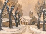 tableau représentant une rue enneigée avec une église et des arbres en arrière-plan